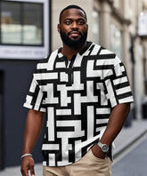 Men's Plus Size Black And White Geometric Stripe Print Henley Collar Button Short Sleeve T-shirt